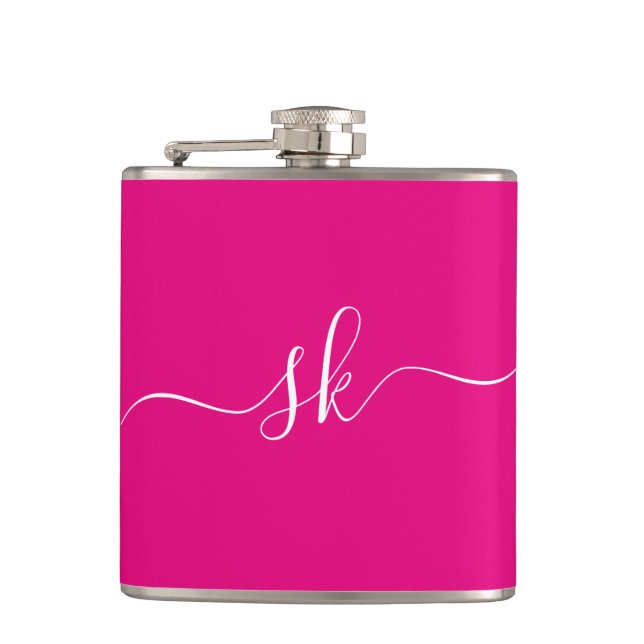 Petaca Bachelorette rosa monograma moderno personalizado (Anverso)