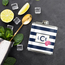 Petaca Banda de monograma de franja naval y peonía rosada