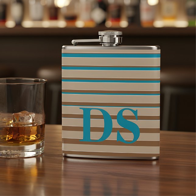 Petaca Bandas horizontales Monograma marrón y azul (flask with monogram)