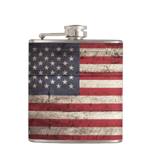 Petaca Bandera americana en grano de madera viejo