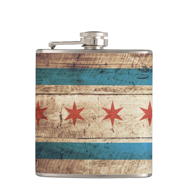 Petaca Bandera de Chicago en grano de madera viejo (Anverso)
