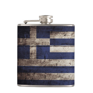 Petaca Bandera de Grecia en grano de madera viejo