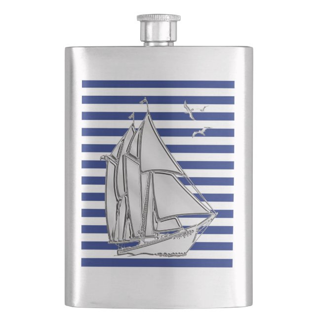Petaca Barco de vela cromado en franjas de la marina (Anverso)