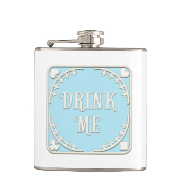 Petaca "Beba conmigo" Emblema azul de Wonderland Tea Fies (Anverso)