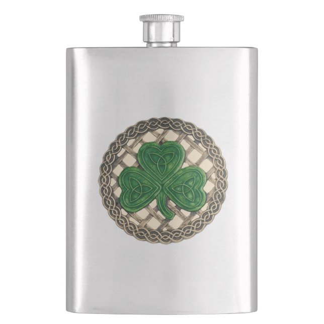 Petaca Beige Shamrock en frasco de nudos celtas (Anverso)