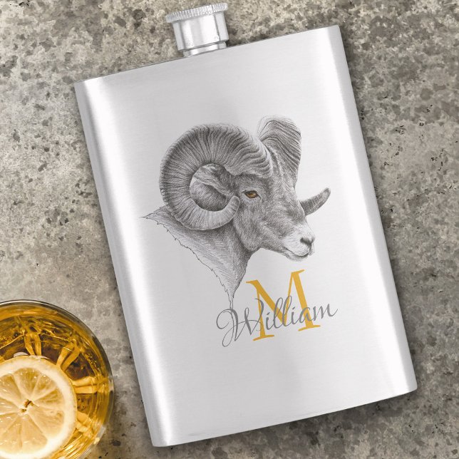 Petaca Bighorn Ram Arte Animal Aries Zodiac Signo Monogra (Subido por el creador)