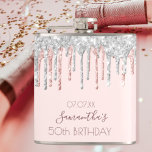 Petaca Birthday rose gold glitter dripping silver friends<br><div class="desc">A gift for a girly and glamorous 50th (or any age) birthday party. A light rose gold, pink background with elegant faux rose gold and silver glitter drips, paint drip look. The text: The name is written in dark rose gold with a large modern hand lettered style script. Personalize and...</div>