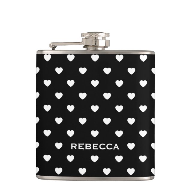 Petaca Black and White Mini Hearts Pattern Personalised (Anverso)