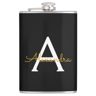 Petaca Black Gold Modern Script Girly Monograma Nombre