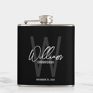 Petaca Black Modern Script Personaliza el nombre de Groom
