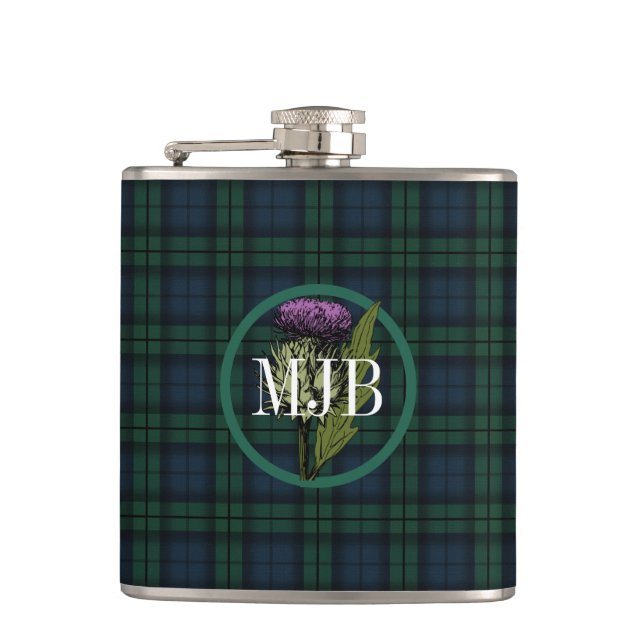 Petaca Black Watch Plaid Tartán Scottish Thistle Monogram (Anverso)