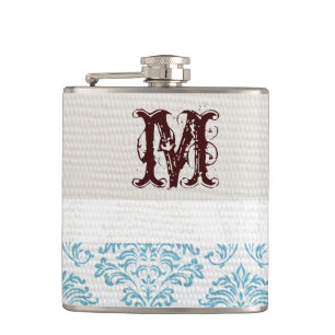 Petaca Blue Filigree Damask Monogram Whiskey Flask