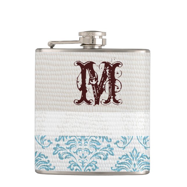 Petaca Blue Filigree Damask Monogram Whiskey Flask (Anverso)