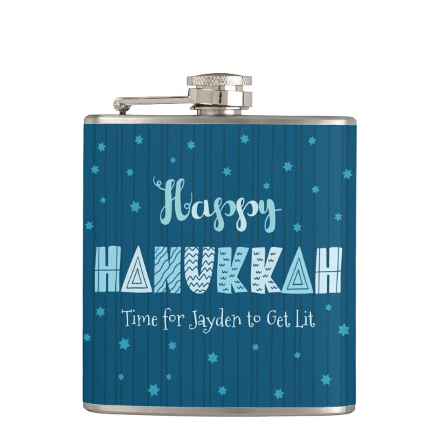Petaca Blue Happy Hanukkah Typography Star of David Name (Anverso)