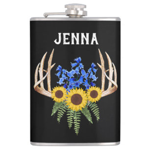 Petaca Bluebells y girasoles rústicos de las astas