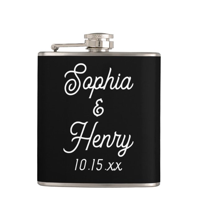 Petaca Boda Elegante Script Typography Black White (Anverso)
