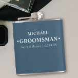 Petaca Boda Fecha y nombres Groomsman personalizado azul<br><div class="desc">Las gafas de cadera personalizadas son grandes regalos de boda para el fiesta del novio. Este diseño de tipografía minimalista está escrito en tipografía moderna y audaz y se puede personalizar para cada uno de los padrinos. La plantilla de nombres está preparada para que añada el nombre del novio, los...</div>