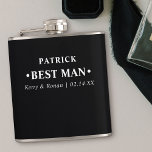 Petaca Boda Fecha y nombres Negro Personalizado Mejor Hom<br><div class="desc">Las gafas de cadera personalizadas son grandes regalos de boda para el mejor hombre y los padrinos. Este diseño de tipografía minimalista está escrito en tipografía moderna y audaz y se puede personalizar para cada fiesta de novios. La plantilla de nombres está preparada para que añada el nombre del mejor...</div>
