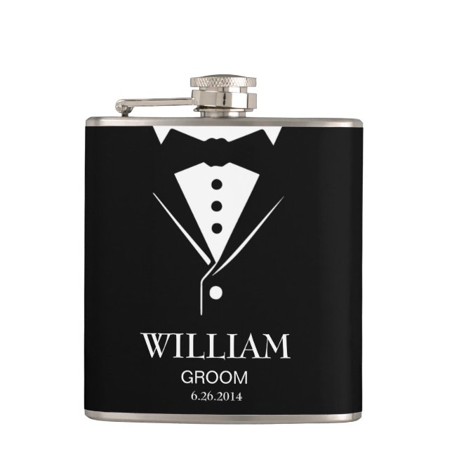 Petaca Boda Mens Groom y Groomsmen Tuxedo (Anverso)