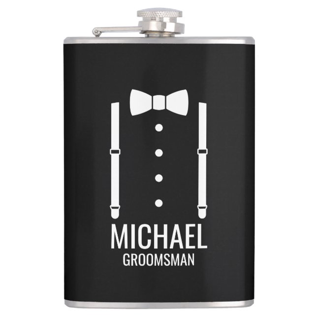 Petaca Boda negro Bow Tie Personalizado Groomsmen (Anverso)