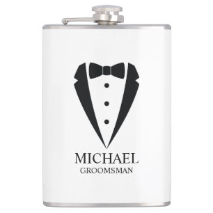 Petaca Boda negro Tuxedo Suit Groomsmen personalizado