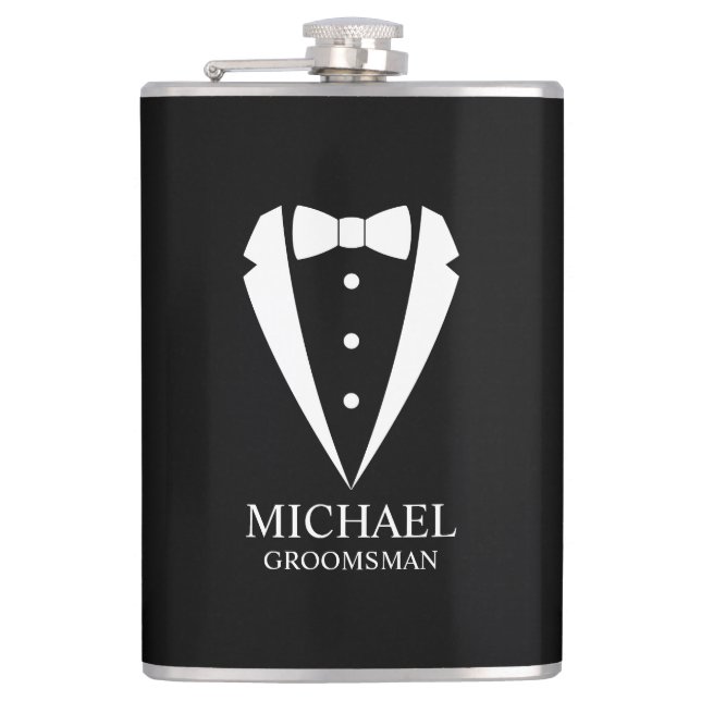 Petaca Boda negro Tuxedo Suit Groomsmen personalizado (Anverso)
