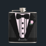 Petaca Boda Tuxedo Grooms rosa y gris<br><div class="desc">¡Un matraz perfecto para un día de bodas perfecto! Compra un nombre personalizado - "Flask de alcohol negro y gris con estampado de estaño de colza de Tuxedo" para cada camarero de su boda! ¡Una manera maravillosa de agradecerle a sus padrinos o al mejor hombre! ¡No olvides uno para el...</div>