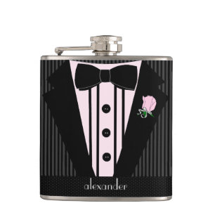 Petaca Boda Tuxedo Grooms rosa y gris