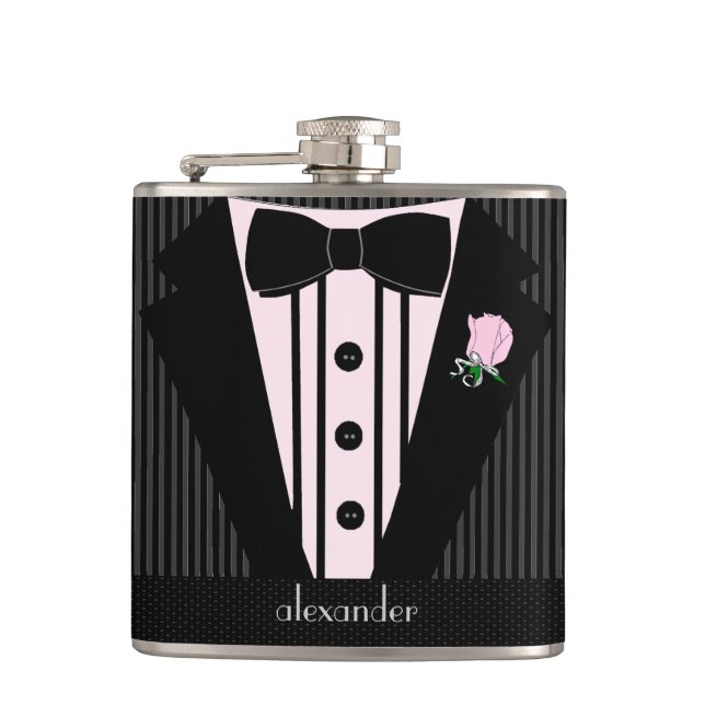 Petaca Boda Tuxedo Grooms rosa y gris (Anverso)