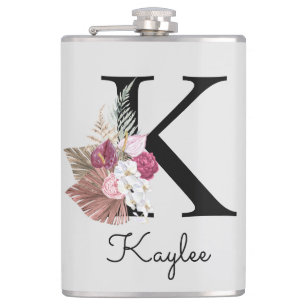 Petaca Boho floral rosa monogramado inicial K