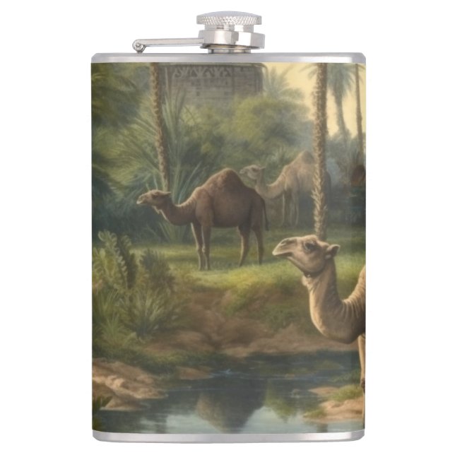 Petaca Botánico: dromedarios en la selva cerca de un río (Anverso)