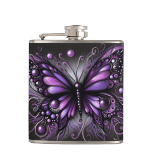 Petaca Brillante mariposa gótica morada color negro