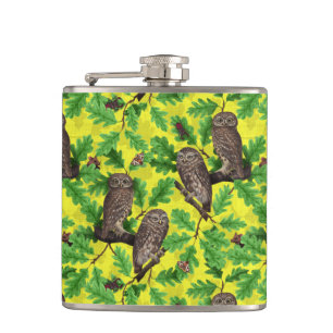 Petaca Búhos en el bosque sobre amarillo limón