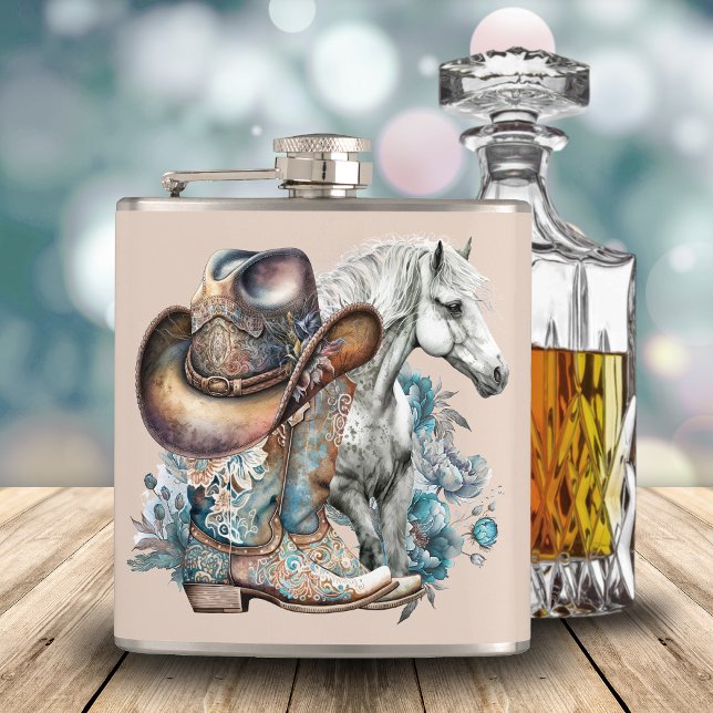 Petaca Caballo de vaca botas de vaquero gorra floral occi (Western cowgirl floral cowboy boots, hat, turquoise and brown personalized flask.)
