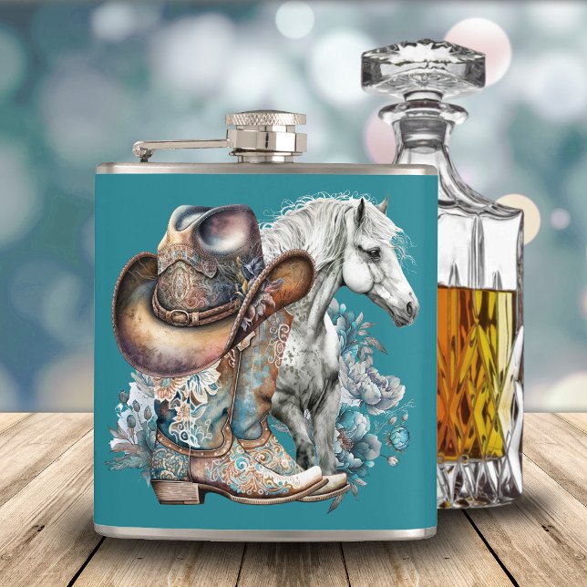 Petaca Caballo de vaca botas de vaquero gorra floral occi (Western cowgirl floral cowboy boots, hat, turquoise and brown personalized flask.)