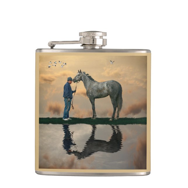 Petaca Caballo Gris Y Groom OTTB Beber Flask (Anverso)