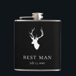 Petaca Cabeza de ciervo blanco<br><div class="desc">Silueta de cabeza de ciervo blanco sobre fondo negro,  matraz personalizado. Presenta dos líneas para el texto personalizado. El color de fondo se puede personalizar.</div>