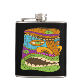 Petaca Cabeza de tiki colorida en un ánimo exótico, negro