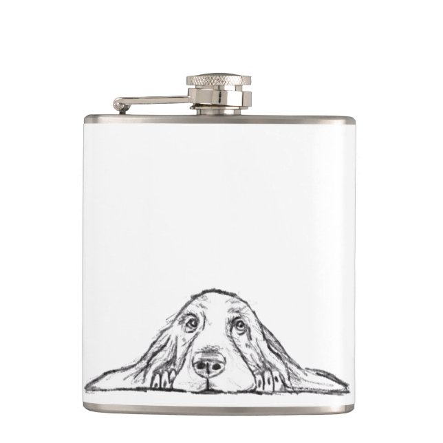 Petaca cachorro de ojos simples negro y blanco de basset  (Anverso)