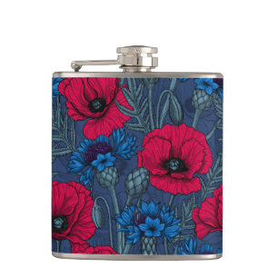 Petaca Cachorros rojos y flores azules en azul