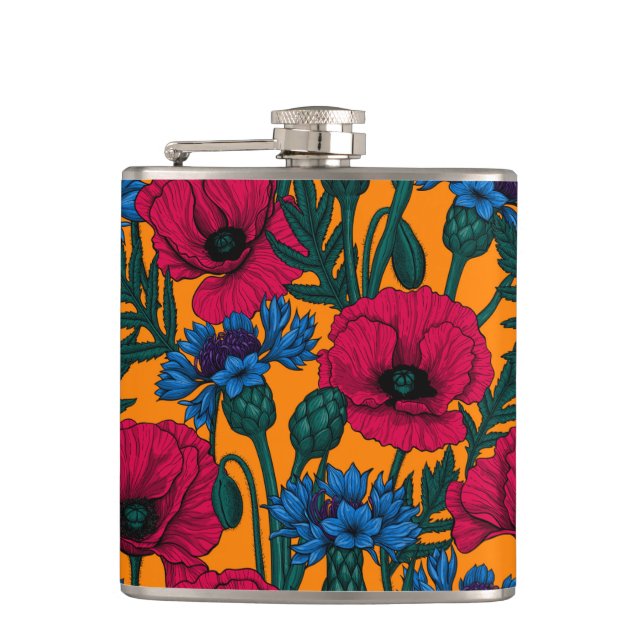 Petaca Cachorros rojos y flores azules en naranja (Anverso)