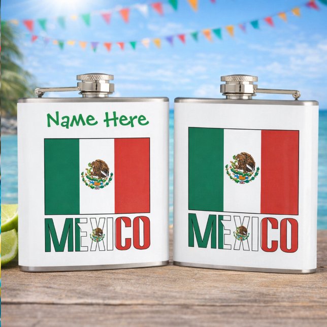 Petaca Cadera de bandera de México personalizada (Personalized flask with the Mexican Flag and MEXICO. Front can add a name above. Back just has flag )