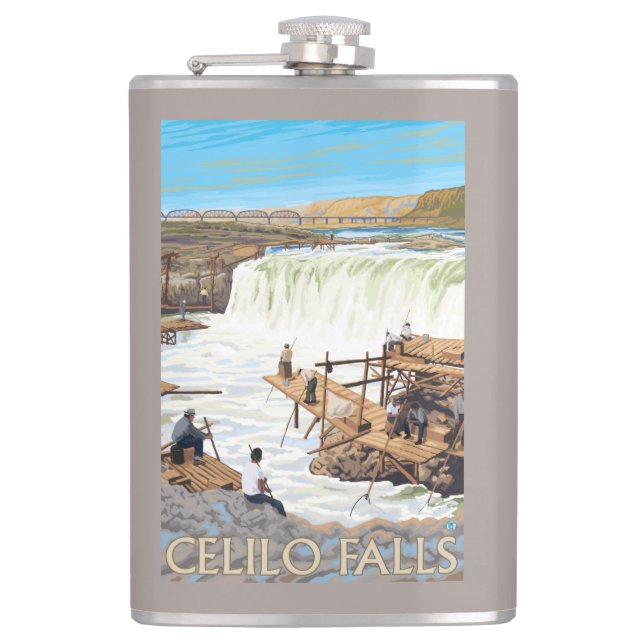 Petaca Caídas de Celilo que pescan el poster del viaje (Anverso)