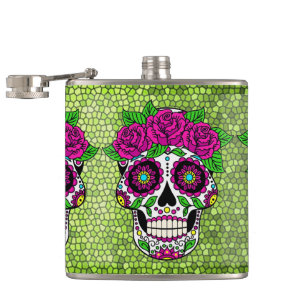 Petaca Calavera de azúcar en el Purpurina Día de fondo de