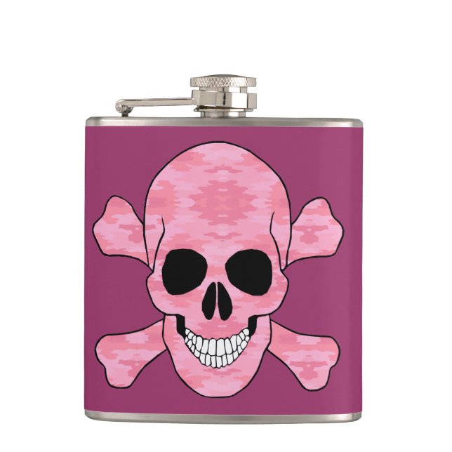 Petaca Calavera De Camuflaje Rosa Y Matraz De Hueso Cruza (Anverso)