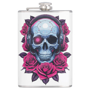 Petaca Calavera de cibermuerte neonatal y Rosas blancos