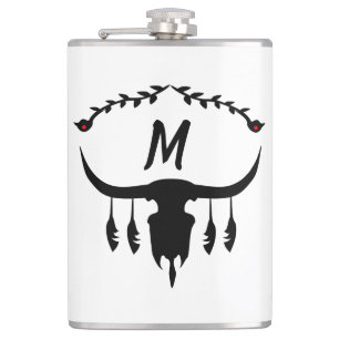 Petaca Calavera de toro con silueta de plumas negras