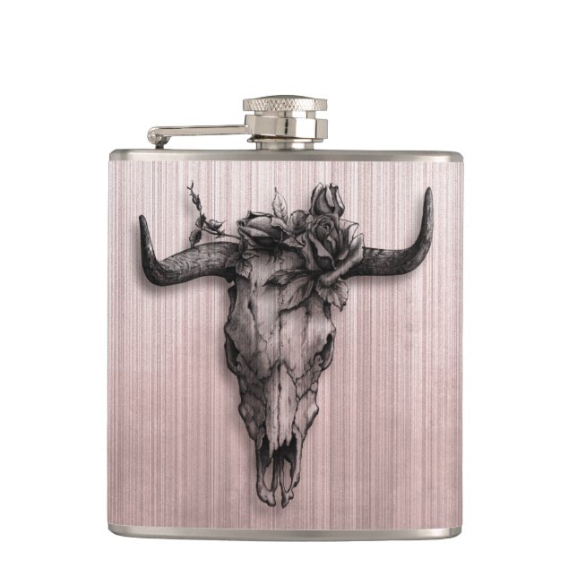 Petaca Calavera de toro y rosa rayas Rosa Oro Gris (Anverso)