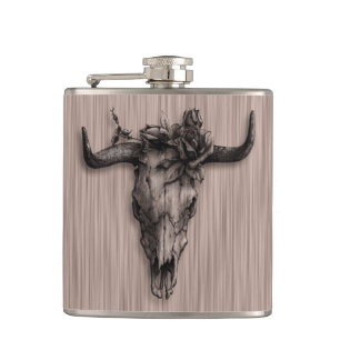Petaca Calavera de toros y Rosa con patrón de fibra
