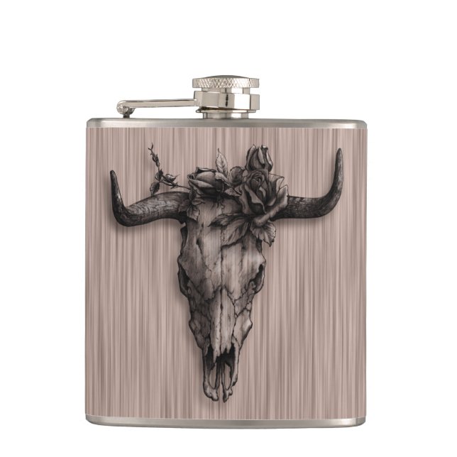 Petaca Calavera de toros y Rosa con patrón de fibra (Anverso)